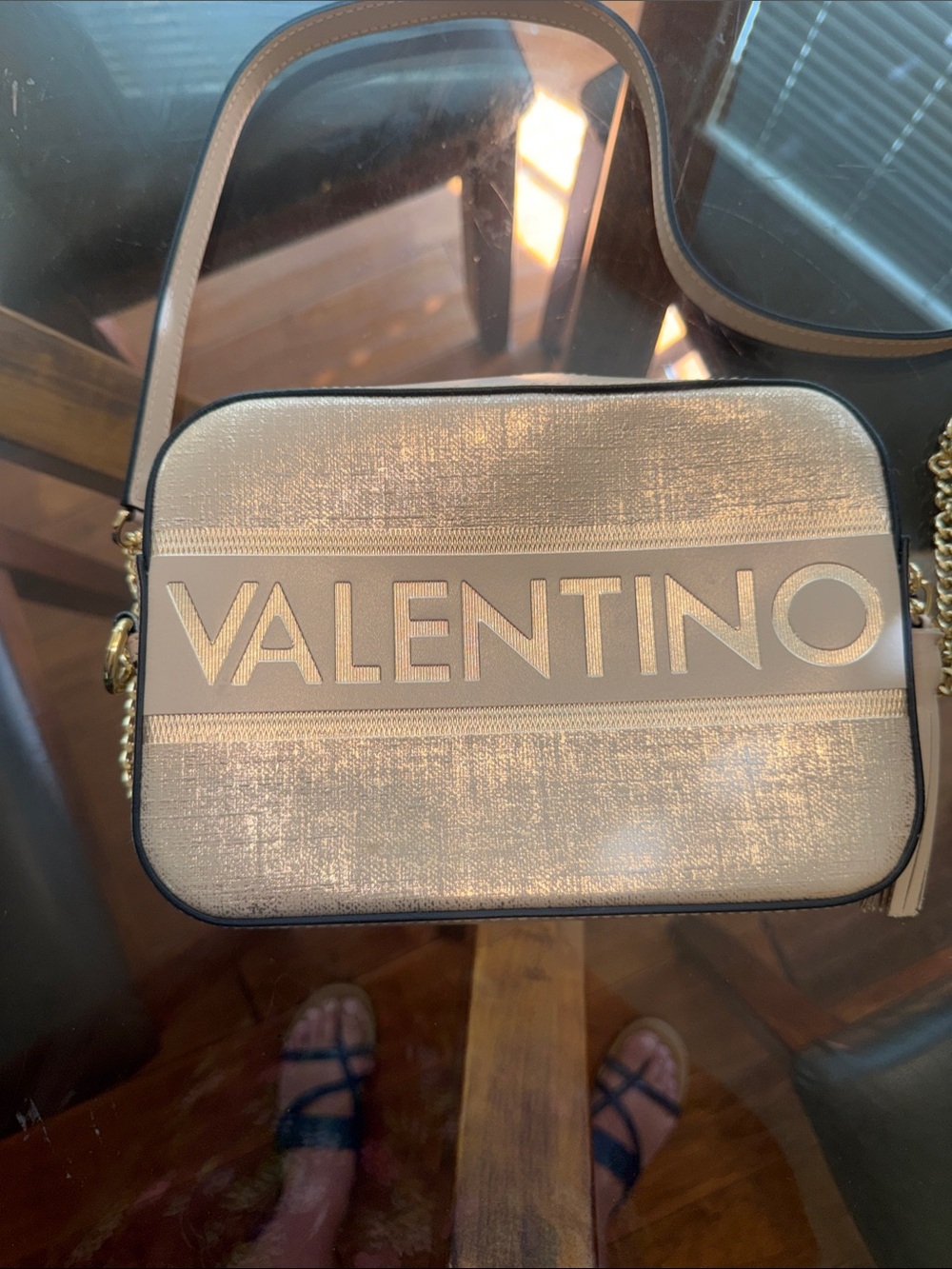 Valentino Metallic Beige Logo Crossbody Camera Bag